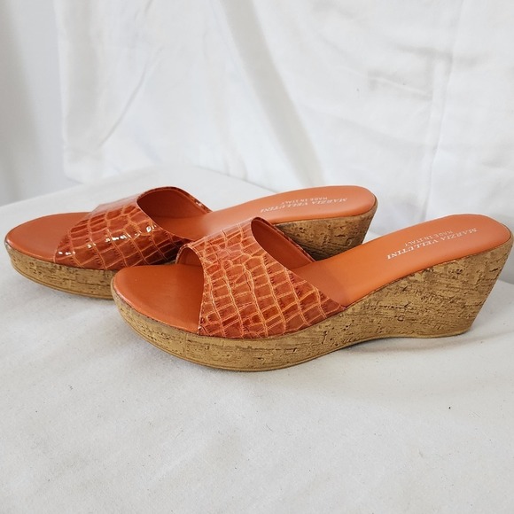 Marzia Vellini Wedge Sandals Slides Faux Croc Orange Cork Platform Size 7 - Picture 2 of 6